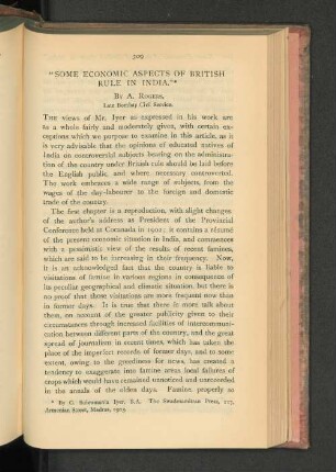 "Some Economic Aspects of British Rule in India".