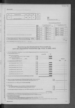 Muster der Umsatzsteuer-Voranmeldung 1974 USt 1 A, USt 1 B