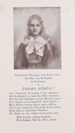 Religiöses Kärtchen: „Schwester Theresia vom Kinde Jesu im Alter von 10 Jahren im Pensionat“