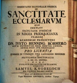 Dissertatio Inavgvralis Ivridica De Sanctitate Ecclesiarvm