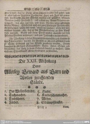 Die XXII. Abtheilung. Derer Allerley Gewand aus Garn und Wollen zurichtenden Stände.