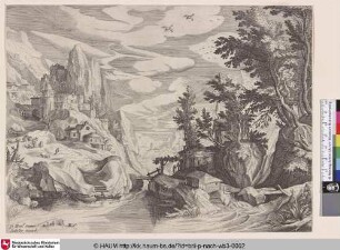 [Landschaft mit anlegendem Boot an Treppe; Rocky Landscape; Rotsachtig rivierlandschap]