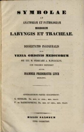 Symbolae ad anatomiam et pathologiam morborum laryngis et tracheae