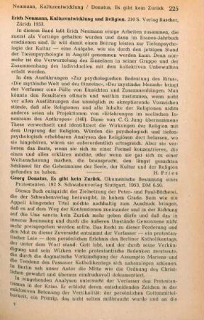 225 [Rezension] Neumann, Erich, Kulturentwicklung und Religion