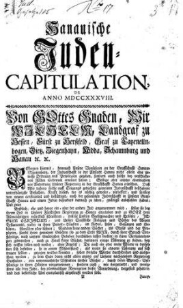 Hanauische Juden-Capitulation de Anno MDCCXXXVIII / Wilhelm, L. z. H.