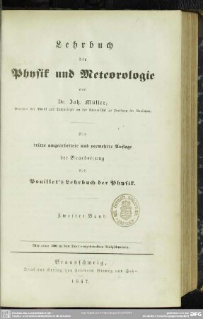 2: Lehrbuch der Physik und Meteorologie : [für deutsche Verhältnisse freie] Bearbeitung von Pouillet's Lehrbuch der Physik; in zwei Bänden