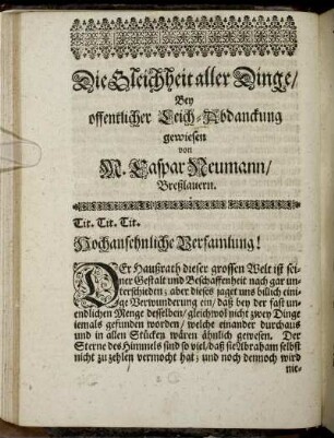 Die Gleichheit aller Dinge/ Bey offentlicher Leich-Abdanckung