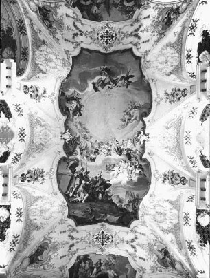 Dietramszell, Kath. Pfarrkirche Mariä Himmelfahrt; Deckengemälde: Gründung des Klosters unter Schirmherrschaft des Hl. Augustinus (ehem. Stiftskirche); Zimmermann, Johann Baptist