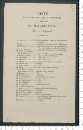 "Liste des Savans invités a concourir a la rédaction du mithridates, par J. Klaproth"