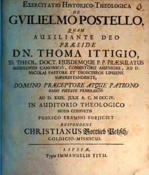 Exercitatio Historico-Theologica De Gvilielmo Postello