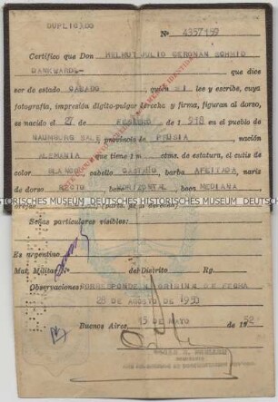 Personalausweis der Republik Argentinien für einen deutschen Auswanderer