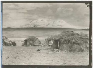 Strohhäuser der Aymara-Indianer im Dorf Sajama mit dem Quisiquisini im Hintergrund