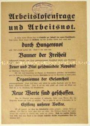 Aufruf an Arbeitslose zur Arbeitssuche auf dem Land im Zuge der Novemberrevolution 1918