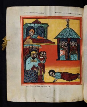 Illustration: obere Hälfte: wie er in der christlichen Stadt Colonia am Vorabend des Michaelfestes vor dem Thor der Michaeliskirche einschläft und die christlichen Gesänge hört / untere Hälfte: wie er dem Erzbischof den Wunsch ausspricht, getauft zu werden