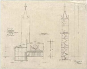 Gsaenger, Gustav; Dingolfing (Bayern), Reichenbergstr.; Ev. Kirche, Gemeindehaus und Pfarrhaus - Tekturplan u. 2. Bauabschnitt (Schnitte)