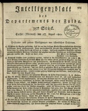 35tes Stueck, (Mitwoch) den 9ten August 1809