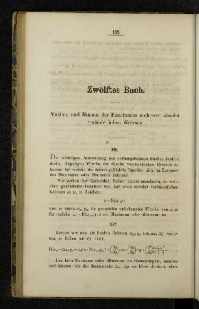 Zwölftes Buch. Maxima und Minima der Functionen mehrerer absolut veränderlichen Grössen.
