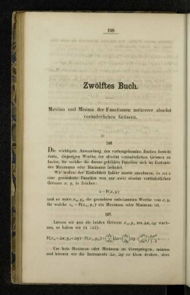 Zwölftes Buch. Maxima und Minima der Functionen mehrerer absolut veränderlichen Grössen.