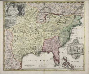 Amplissimae Regionis Mississipi Seu Provinciae Ludovicianae â R. P. Ludovico Hennepin Francisc. Miss. In America Septentrionali Anno 1687 detectae, nunc Gallorum Coloniis et Actionum Negotiis toto Orbe celeberrimae Nova Tabula : Cum Privilegio Sac. Caes. Maj.