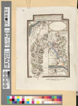 Reise Atlas von Bajern oder Geographisch-geometrische Darstellung aller bajrischen Haupt- und Landstraßen mit den daranliegenden Ortschaften und Gegenden : nebst Kurzer Beschreibungen alles dessen, was auf und an einer jeden der gezeichneten Straßen für den Reisenden merkwürdig seyn kann. [Gewidmet] Joseph August Grafen von Toerring, 55. Chaussée Von München über Aichach Rhain Nach Donauwörth : Tab. B