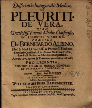 Dissertatio Inauguralis Medica, De Pleuritide Vera