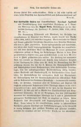 240-241 [Rezension] Reatz, August, Das theologische System der consultationes Zacchaei et Apollonii