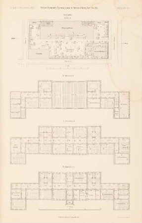 Prinz-Heinrich-Gymnasium, Berlin-Schöneberg: Lageplan 1:750, Grundsisse EG, 1.OG, 2.OG 1:33,3 (aus: Atlas zur Zeitschrift für Bauwesen, hrsg. v. Ministerium der öffentlichen Arbeiten, Jg. 45, 1895)