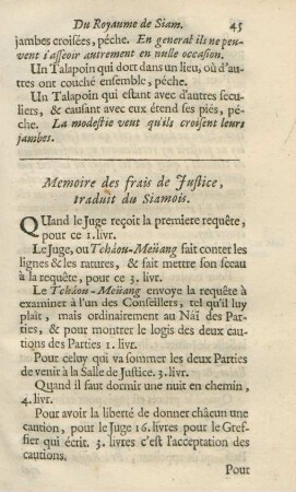 Memorie des frais de justice, traduit du Siamois
