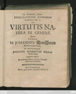 Exercitationum Ethicarum Disputatio V. De Virtutis Natura In Genere