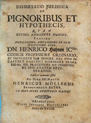 Dissertatio Iuridica De Pignoribus Et Hypothecis