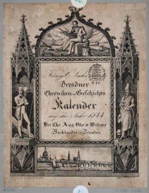 Titelblatt Dresdner Chroniken- und Geschichtskalender aus dem Jahre 1844, mit einer Ansicht von Dresden nach Südwesten auf die Altstadt und Architekturrahmen