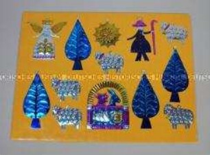 Christbaumschmuck: Tableau mit Anhängern: Engel, Bäume, Schafe, Sonne, Hirte, Krippe mit Ochs und Esel sowie Jesuskind