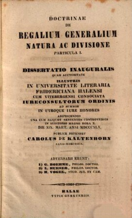 Doctrinae De Regalium Generalium Natura Ac Divisione Particula ..., I.