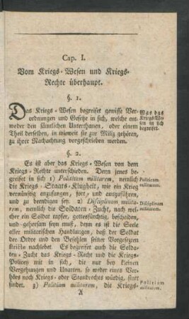 Cap. I. Vom Kriegs-Wesen und Kriegs-Rechte überhaupt.