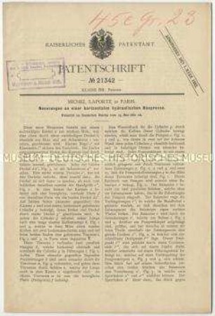 Patentschrift einer Neuerung an einer horizontalen hydraulischen Heupresse, Patent-Nr. 21342