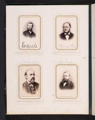 Albumseite 15 mit vier Cartes-de-visite (Porträts von Landtagsabgeordneten) unter Passepartout : Dem fünf und zwanzig Jahre hindurch treu bewährten und wohlverdienten Landtags-Abgeordneten Herrn Christian Gottlieb Riedel : gewidmet von seinen Collegen. Samteinband mit Metallbeschlägen und Metallschließe sowie Goldschnitt; 31 x 24,5 x 4 cm (1873). Dresden: SLUB/DF 2017.D.85