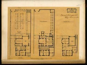 Korpshaus Monatskonkurrenz Januar 1903: Lageplan mit Grundriss Erdgeschoss, Keller, Obergeschoss 1:150; Maßstabsleiste