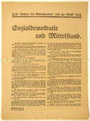 Gegen die Sozialdemokraten gerichteter Wahl- und Beitrittsaufruf der Deutschnationalen Volkspartei an den Mittelstand über das Verhältnis von Sozialdemokratie und Mittelstand