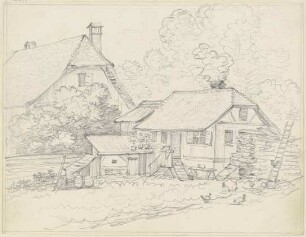 Bauernhof, im Vordergrund Hühner