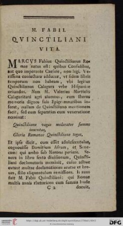 M. Fabii Qvinctiliani. Vita