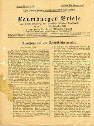Konservatives Wochenblatt "Naumburger Briefe" u.a. zu den Grundsätzen eines "Reichssiedlungsgesetzes"