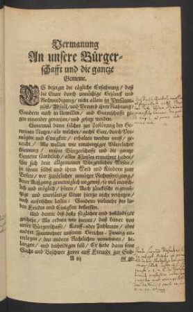 Vermanung An unsere Bürgerschafft und die gantze Gemeine.