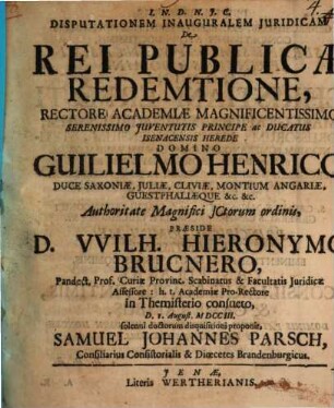 Disputationem Inauguralem Juridicam De Rei Publicæ Redemtione