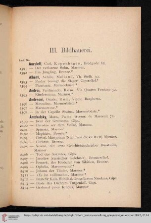 III. Bildhauerei (Nr. 2391 - 2653)