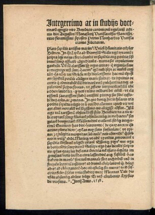 Integerrimo at in studiis doctrinatu[m] egregio viro Benedicto canonicoru[m] regulariu[m] ordinis divi Augustini Monasterii Vratislaviensis ... Petrus Nonhardus Vratislavianus Felicitatem.