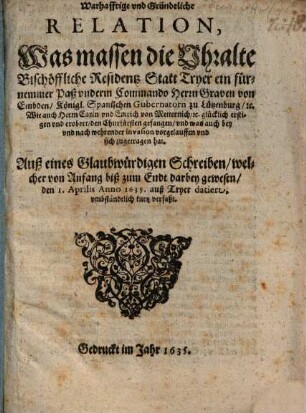 Wahrhafftige Relation was massen ... Trier ... erstigen und erobert