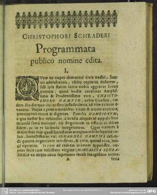 Christophori Schraderi Programmata publico nomine edita