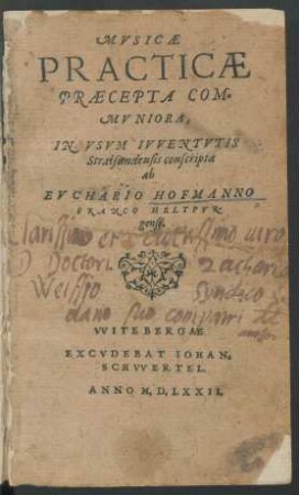 MVSICAE || PRACTICAE || PRAECEPTA COM=||MVNIORA,|| IN VSVM IVVENTVTIS || Stralsundensis conscripta || ab || EVCHARIO HOFMANNO || FRANCO HELTPVR-||gensi.|| (MVSICAE || COMPENDIO=||LVM PRO INCI=||PIENTIBVS.||)
