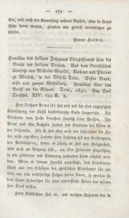 171-186 [Rezension] Johannes Chrysostomus, Homilien des heiligen Johannes Chrysostomus über die Briefe des heiligen Paulus; Erster Band