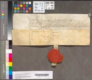 Toekenning van een jaarlijksche uitkeering van f 200 door René van Chalons, Prins van Oranje, Graaf van Nassau, aan Johan van Immerseele, Ridder, Heer van Bandry, 1 December 1543. In het Fransch. Perkament met 1 uithangend zegel.